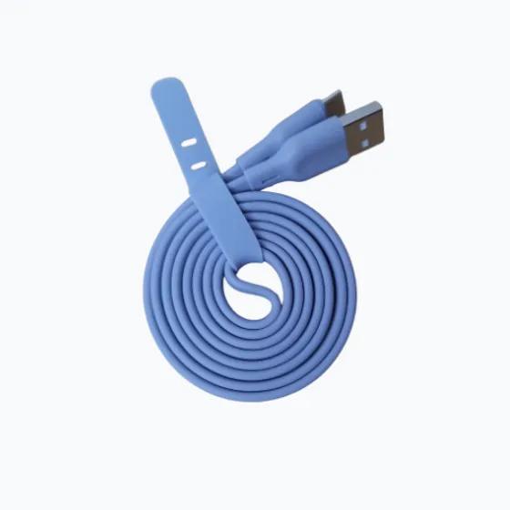 A coiled flat USB-A to USB-C charging cable