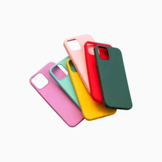A fan of silicone phone cases in pink, mint, yellow, red and green